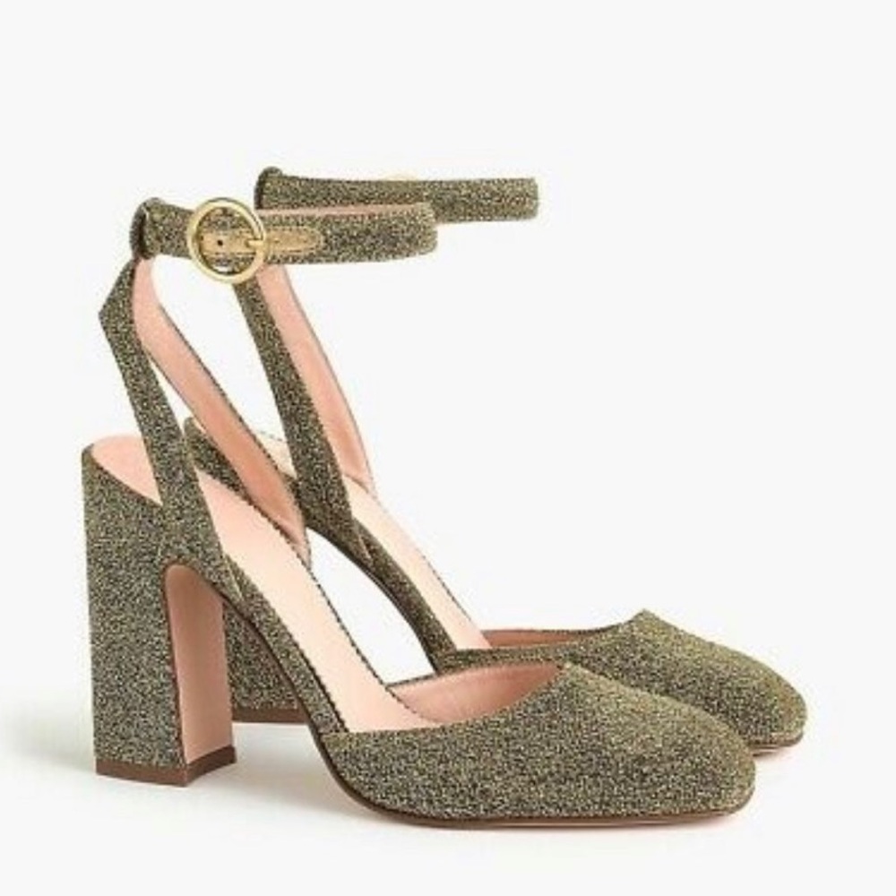 J. Crew Harlow Gold Lurex Ankle Strap Heels—6.5